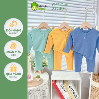 Bộ Dài Tay Cho Bé Trai, Bé Gái Minky Mom Vải Thun Gân Trơn Sọc Dọc Cúc Cổ, Bộ Dài Tay Thu Đông Cho Bé MKMTD2127