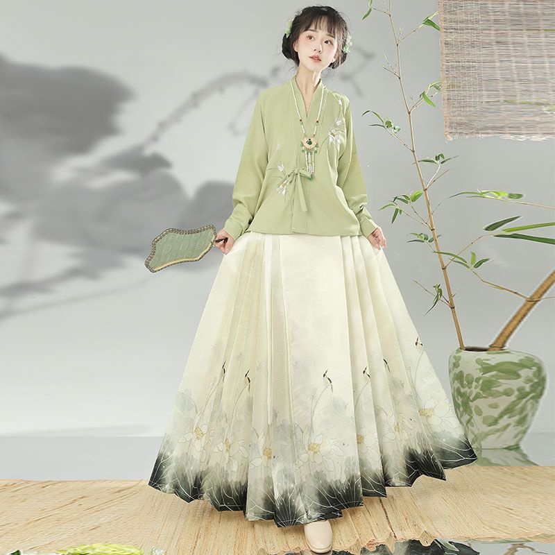 Bộ Áo + Chân Váy In Họa Tiết Ngựa Phong Cách hanfu Trung Hoa Giản Dị qingyige Chính Hãng Dành Cho Bạn Nữ [Khăn Tắm Hàng Ngày#23916