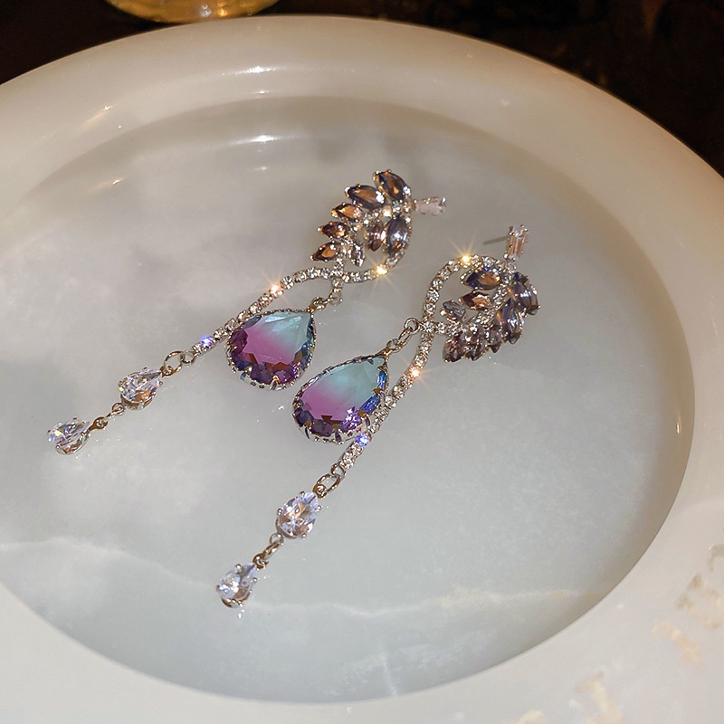 Khuyên Tai Tua Rua Đính Đá zircon Màu Tím Sang Trọng Cao Cấp