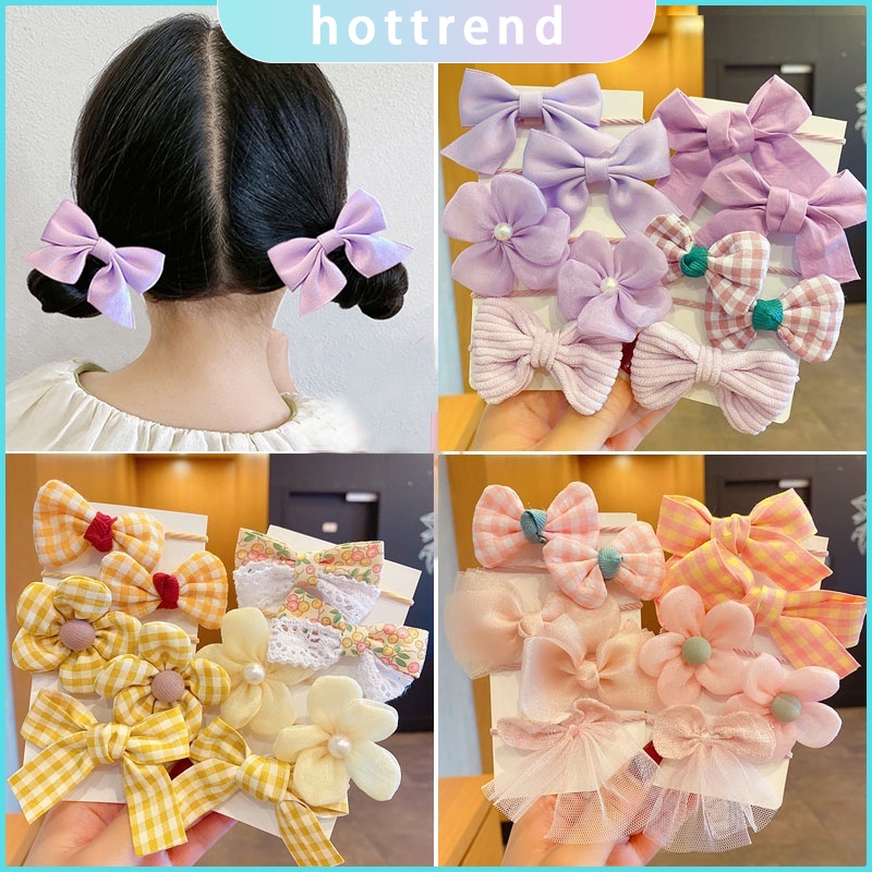 Bộ 10 Dây Buộc Tóc Cao Su Co Giãn Đính Nơ Hoa Dễ Thương Phong Cách Hàn Quốc Cho Bé Gái