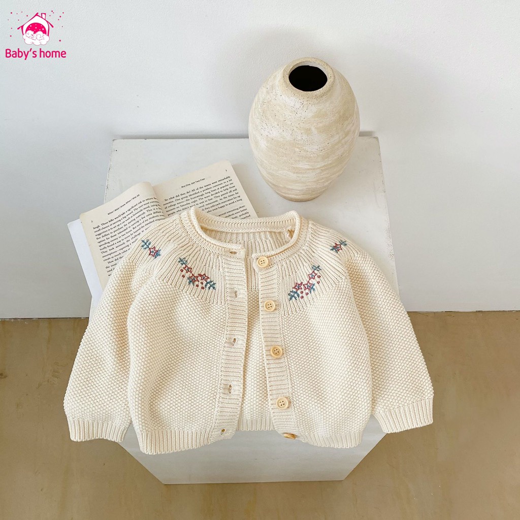 Áo khoác Cardigan cho bé gái, Áo Khoác Cardigan dệt kim tay thêu họa tiết cho bé từ 5-15kg-Baby's home có sẵn