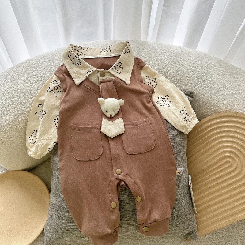 Body Liền Quần CARAVAT GẤU Nâu và Kem Chất Zip Hàn Cho Bé Trai Sơ Sinh Mặc Thu Đông