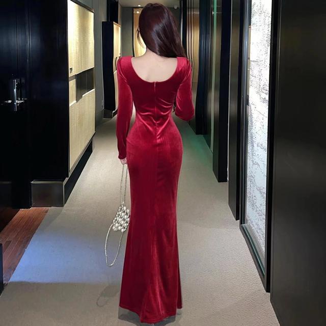 Mqaq Đầm Nhung Tay Dài Phối Ren Thời Trang Thu Đông / Mùa Đông Gợi Cảm