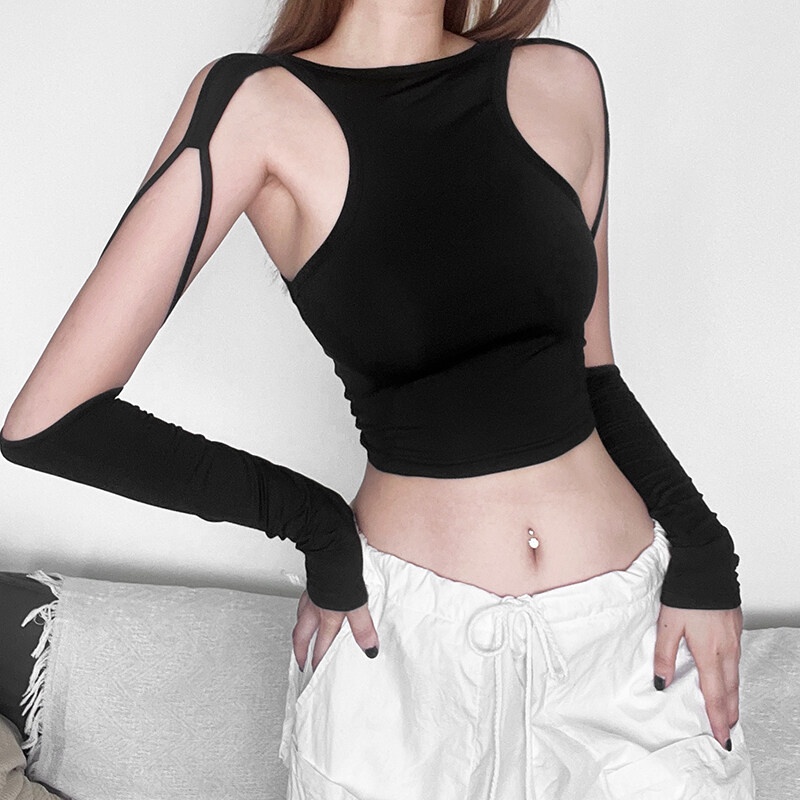 Weird Puss Áo Croptop Tay Dài Dáng Ôm Khoét Lỗ Màu Trơn Thời Trang Quyến Rũ y2k Cho Nữ