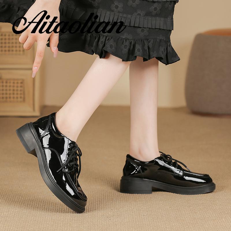 Giày Da Lười Đế Mềm 3.5cm Cột Dây Mũi Tròn Phong Cách Anh Quốc Đơn Giản Tăng Chiều Cao Cho Nữ