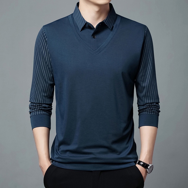 Áo polo Giả Hai Lớp Phong Cách Hàn Quốc Thời Trang Xuân Thu Cho Nam Trung Niên