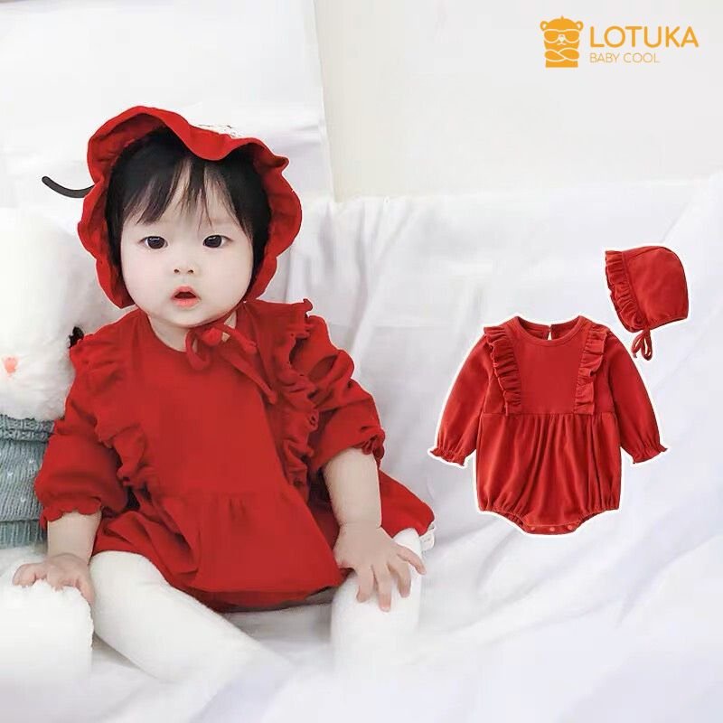 Body chip đỏ kèm mũ LOTUKA, Bodysuit phong cách tiểu thư cho các bé gái chất mềm cotton mại size 3-12kg