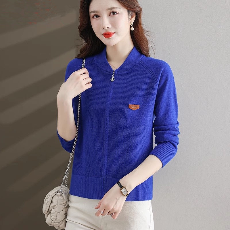 Áo Khoác cardigan Dệt Kim Tay Dài Cổ Đứng Có Khóa Kéo Phong Cách Phương Tây Cho Nữ