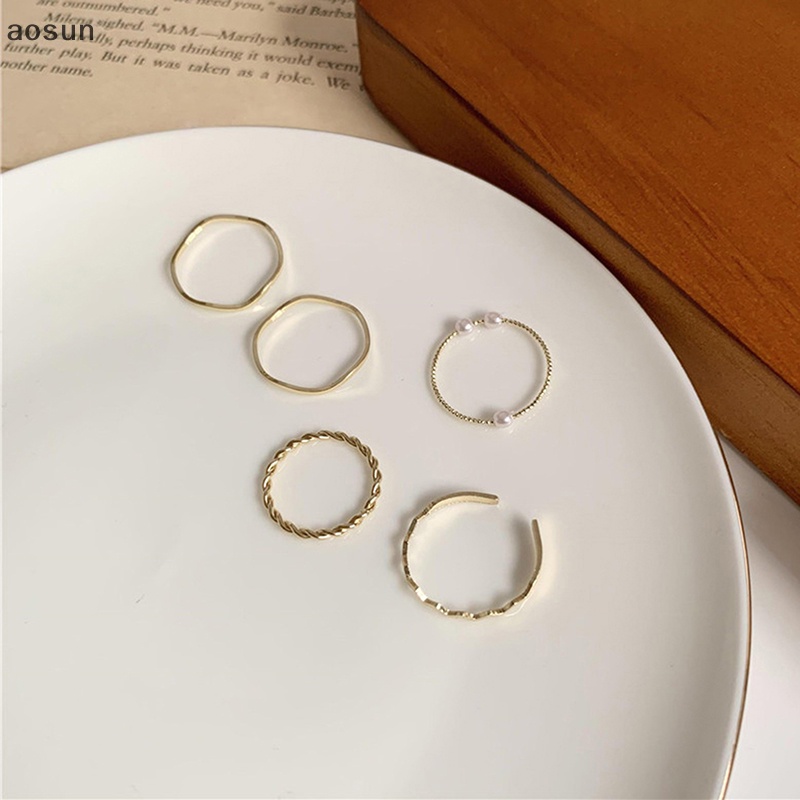 Aosun set 5 Nhẫn Đeo Tay Kim Loại Dạng Hở Thời Trang Cho Nữ