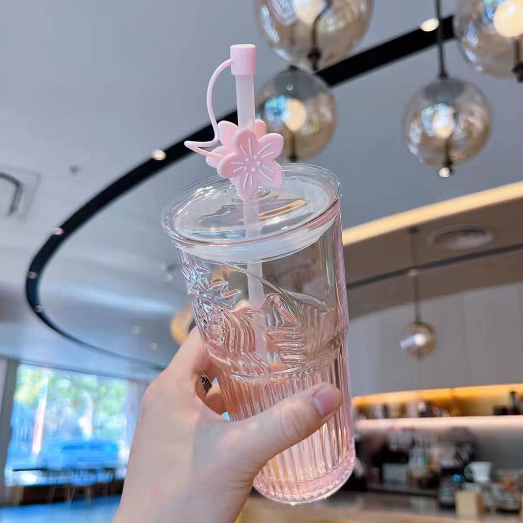 Starbucks Bình Nước Thủy Tinh 550ml Họa Tiết Hoa Anh Đào Kèm Ống Hút Tiện Dụng