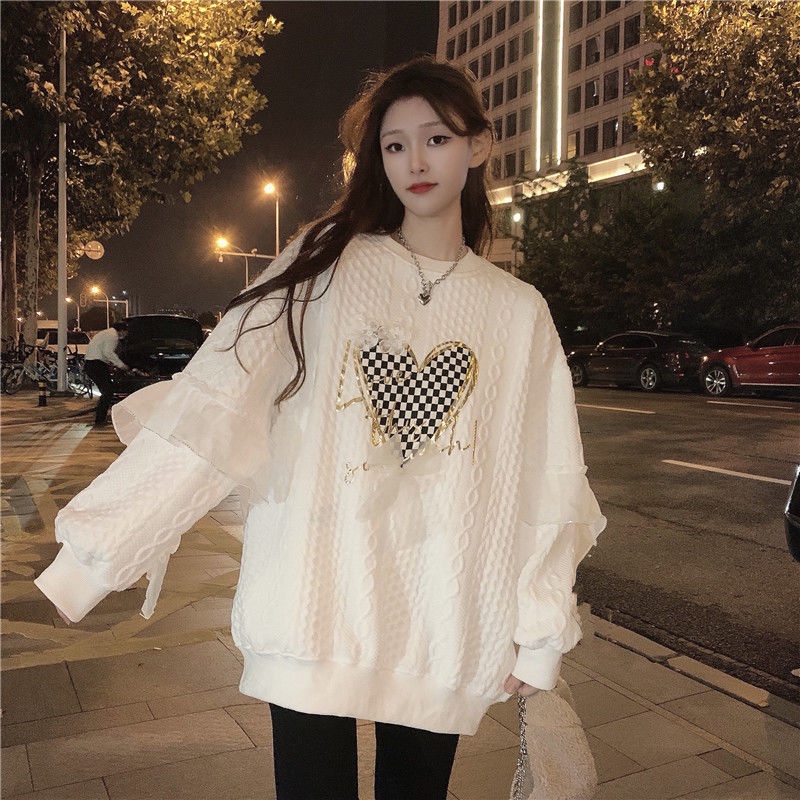 Uiowoo Áo Khoác sweater Tay Dài Dáng Rộng In Hình Trái Tim Phong Cách retro Thu Đông 2021 Cho Nữ