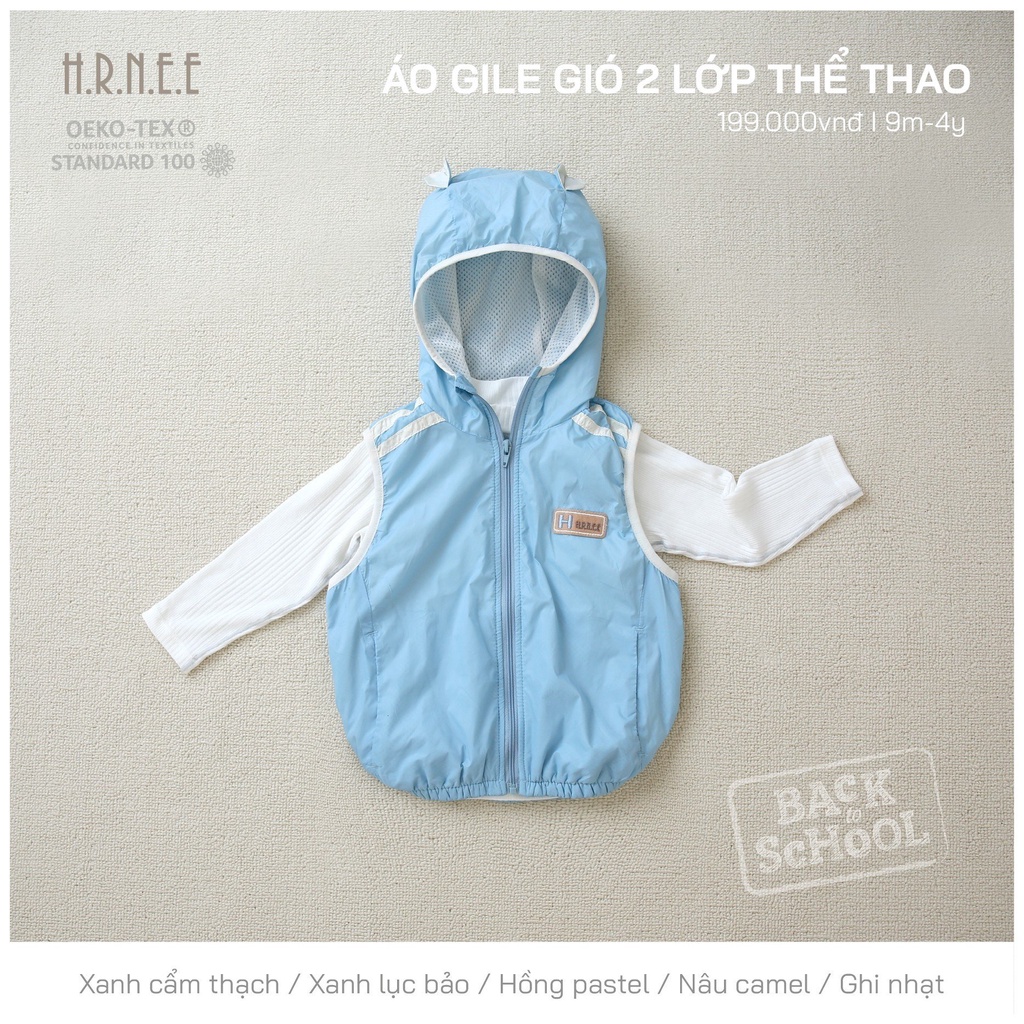 H.R.N.E,E - Áo gile gió 2 lớp có mũ cho bé trai, bé gái từ 6-9m đến 4Y