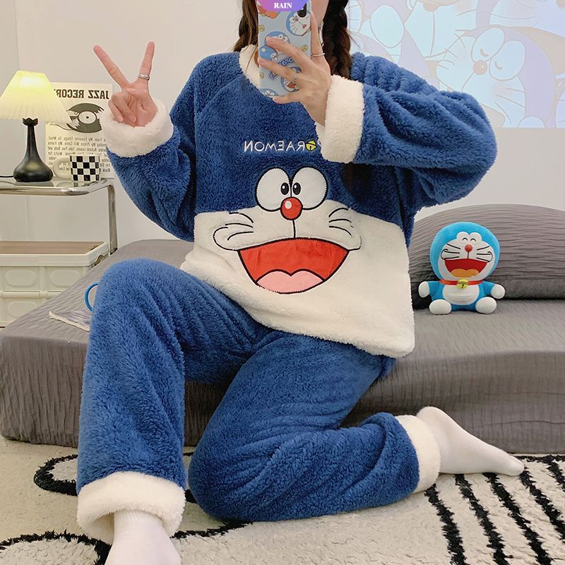 Bộ Đồ Ngủ Lông Cừu San Hô Dày Dặn Ấm Áp Thêu Hình doraemon Cho Nữ