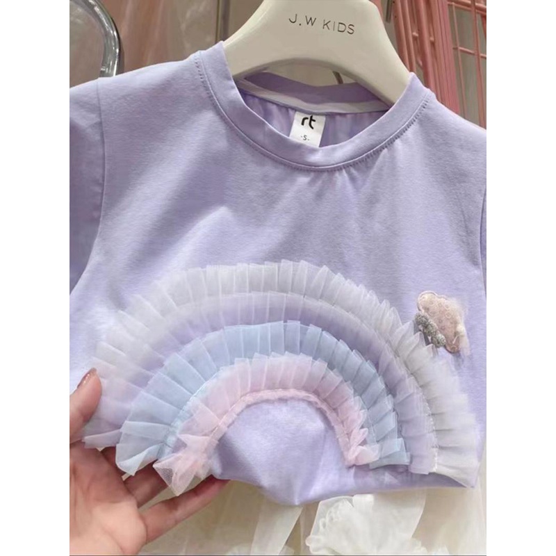 Áo Thun Lưới Tay Ngắn Màu Trơn Họa Tiết Cầu Vồng Ba Chiều Thời Trang Mùa Hè Dành Cho Bé Gái