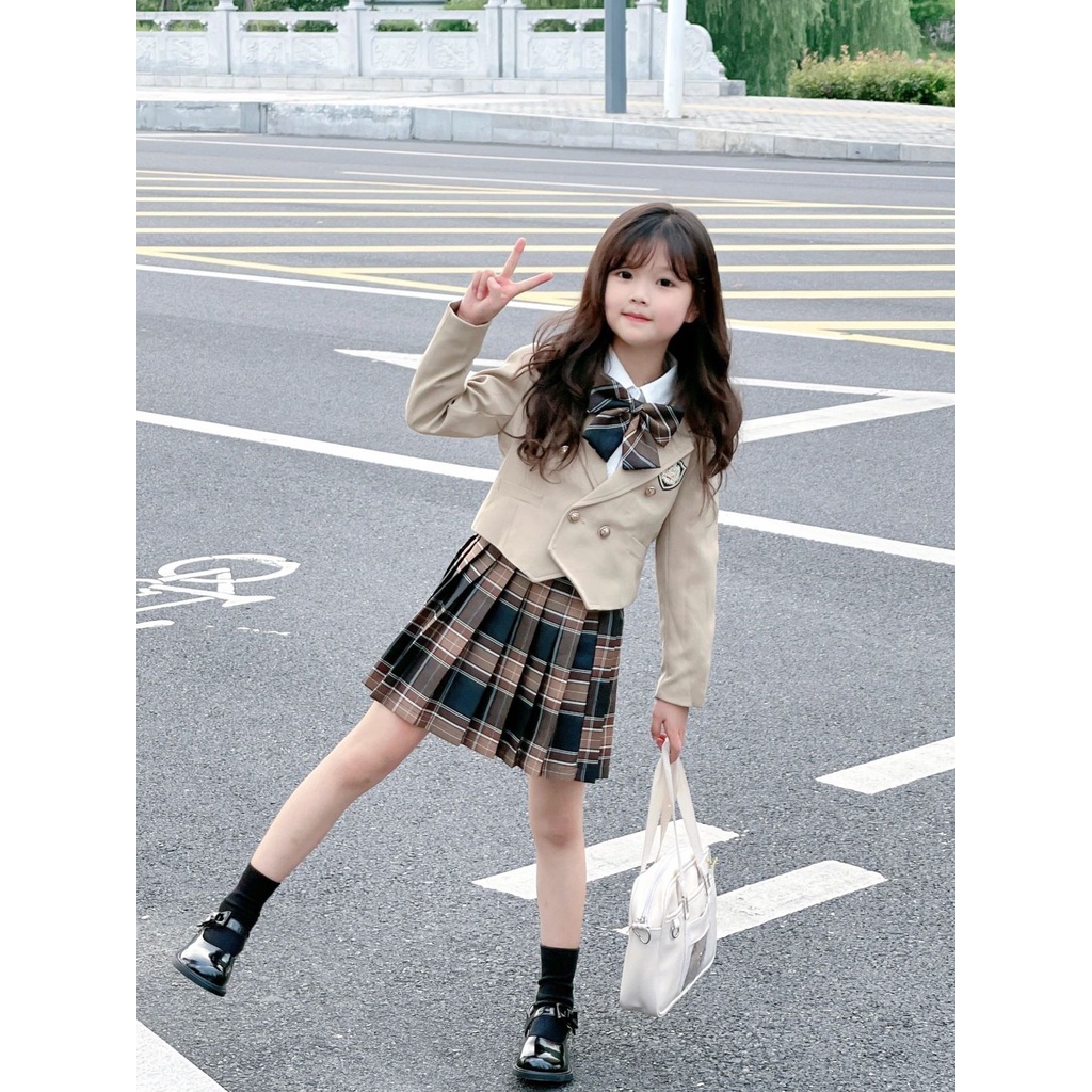 Bộ Áo Khoác + Chân Váy Phong Cách Mỹ Thời Trang Xuân Thu Xinh Xắn Cho Bé Gái 110-160