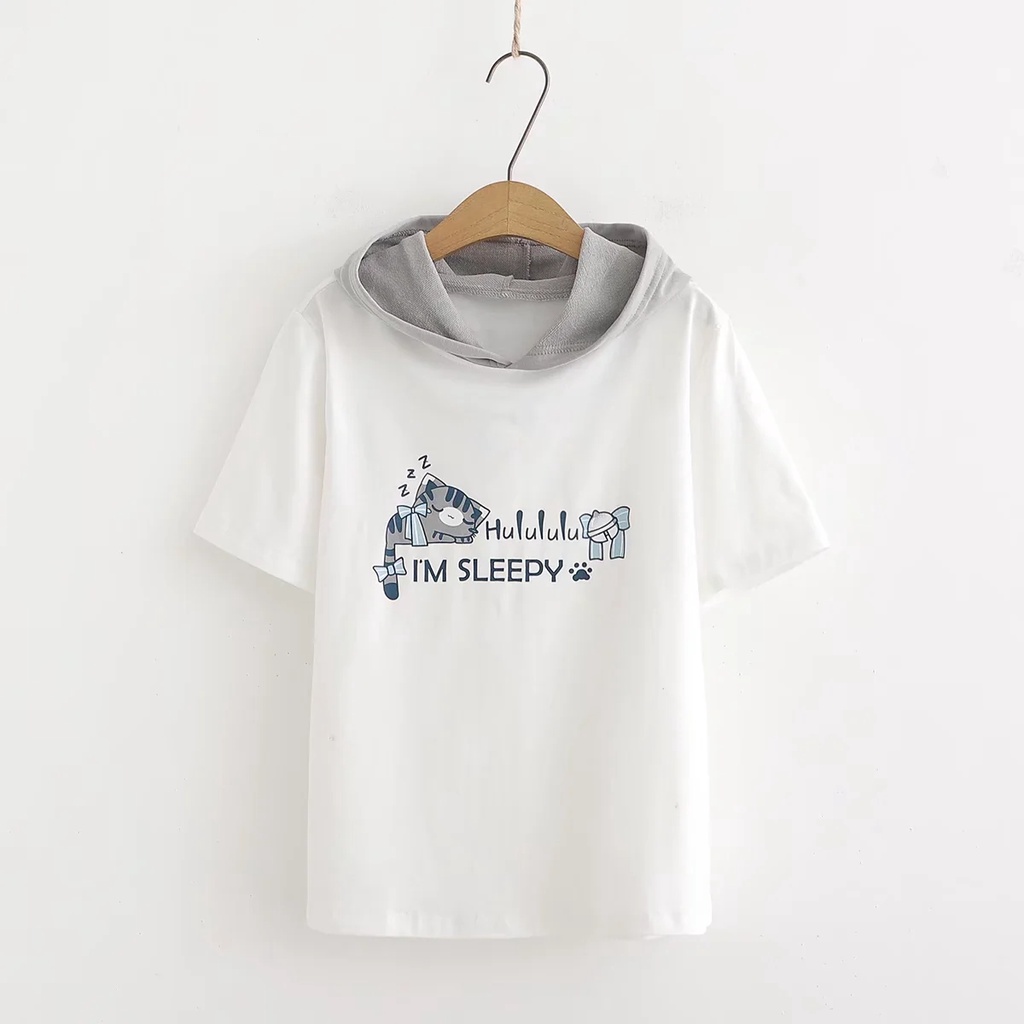 Set Áo Thun Ngắn Tay Có Mũ In Hình Mèo + Quần short Ren Xám Dễ Thương Thời Trang Mùa Hè Cho Nữ