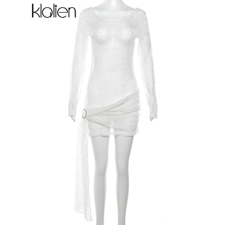 Klalien Đầm Ngắn Ôm Dáng Tay Dài Phối Lưới Xuyên Thấu Quyến Rũ Thời Trang Mùa Thu 2023 Cho Nữ