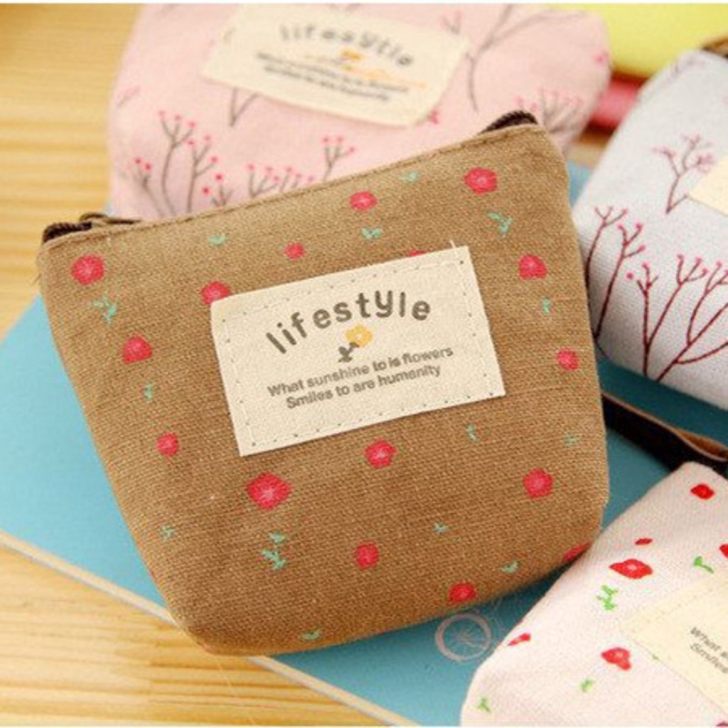 Túi Vải canvas mini Họa Tiết Hoa Đựng Chìa Khóa