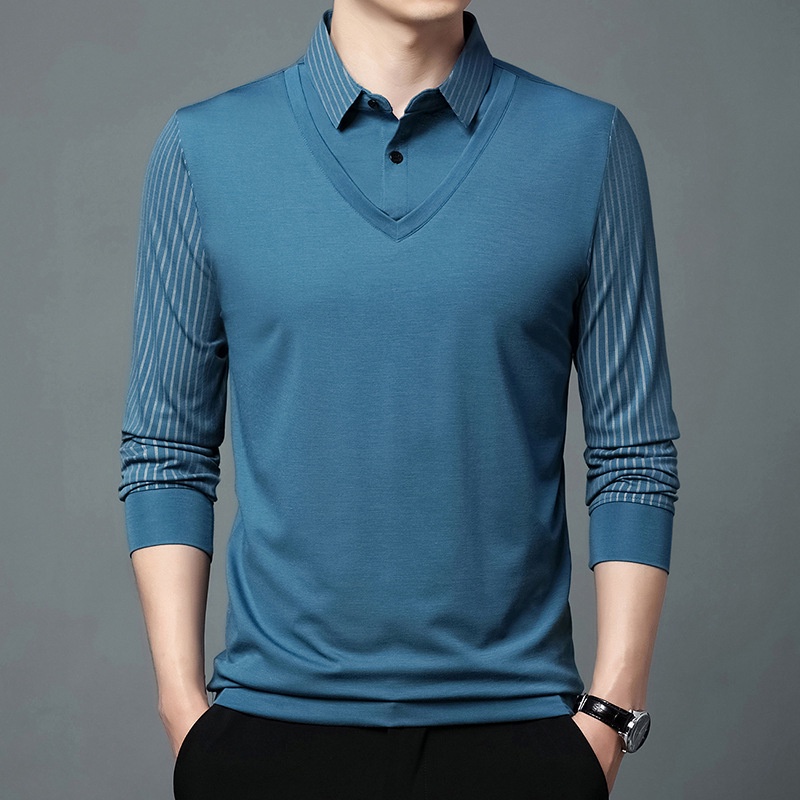 Áo polo Giả Hai Lớp Phong Cách Hàn Quốc Thời Trang Xuân Thu Cho Nam Trung Niên