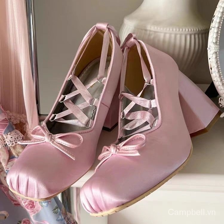 Giày Cao Gót satin Thắt Nơ Phong Cách lolita Pháp Cho Nữ