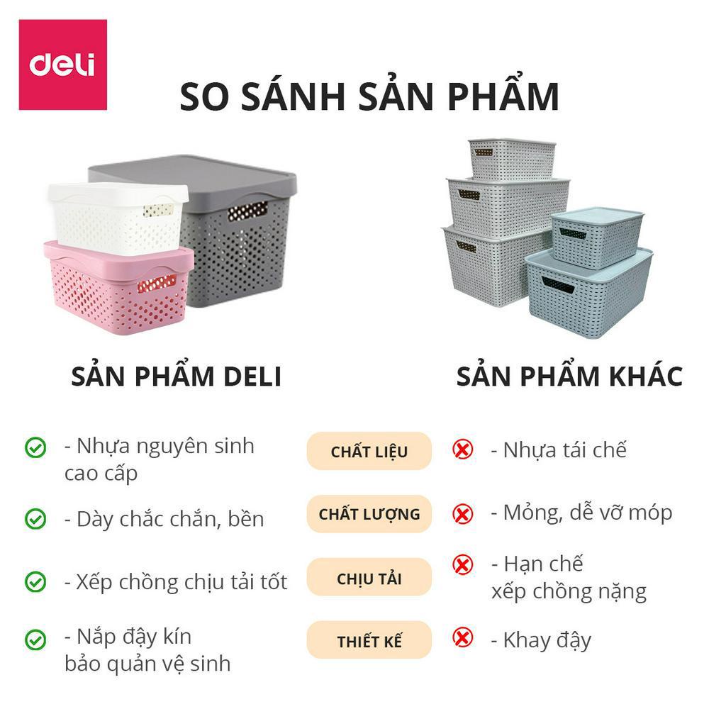 Giỏ nhựa đựng đồ đa năng có nắp hộp đựng quần áo tặng kèm sticker Deli Hộp nhựa đựng đồ có tay cầm sắp xếp gọn gàng