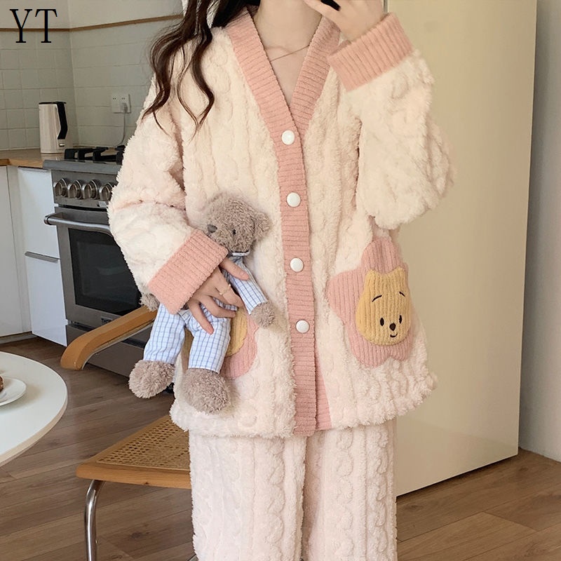 Disney Bộ Đồ Ngủ Lông Cừu San Hô Dày Dặn In Hoạt Hình Toy Story Dễ Thương Thời Trang Mùa Đông Cho Nữ