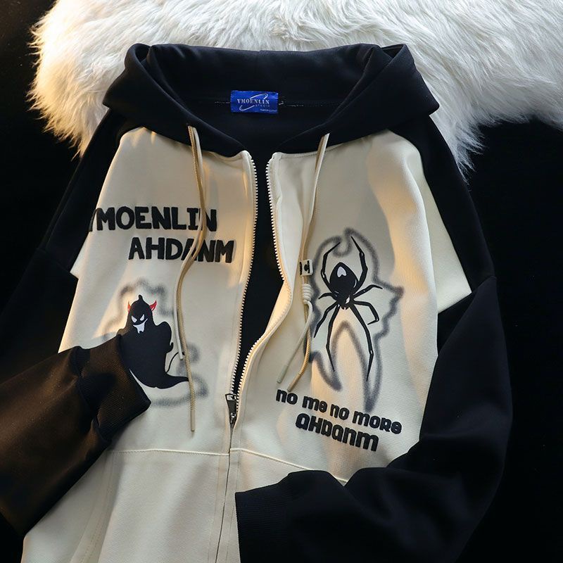 Áo Khoác Hoodie Dáng Rộng In Hình Nhện Phong Cách Đường Phố Mỹ Cá Tính Cho Nam Và Nữ