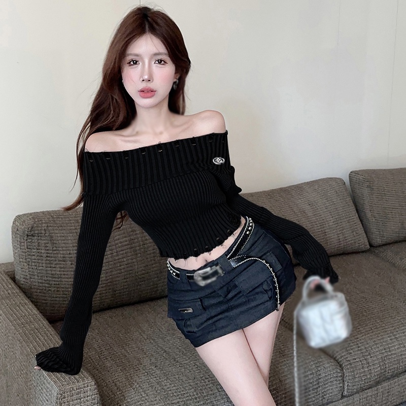 Áo sweater Dệt Kim Tay Dài Thiết Kế Trễ Vai Quyến Rũ