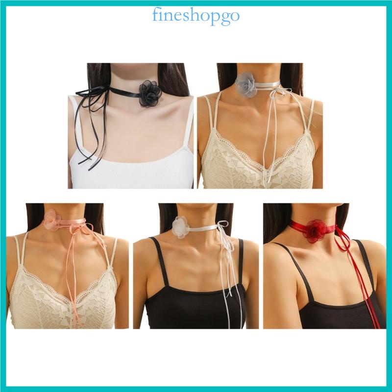 Vòng Cổ choker Dây Dài Mặt Hoa Trà Thắt Nơ Phong Cách vintage