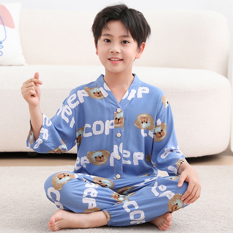 Bộ Đồ Ngủ Pijama Tay Dài Bằng Vải Lụa cotton Thời Trang Mùa Hè Dành Cho Bé Trai 80-175cm