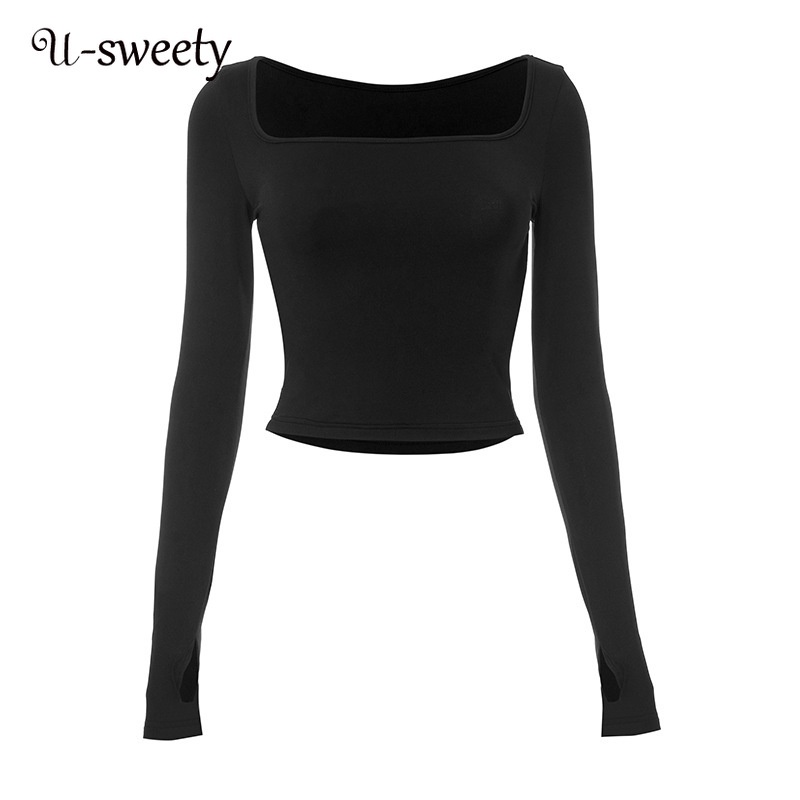 Áo Thun Tay Dài Cổ Vuông Màu Trơn Dáng Ôm Thời Trang 2023 Dành Cho Bạn Nữ