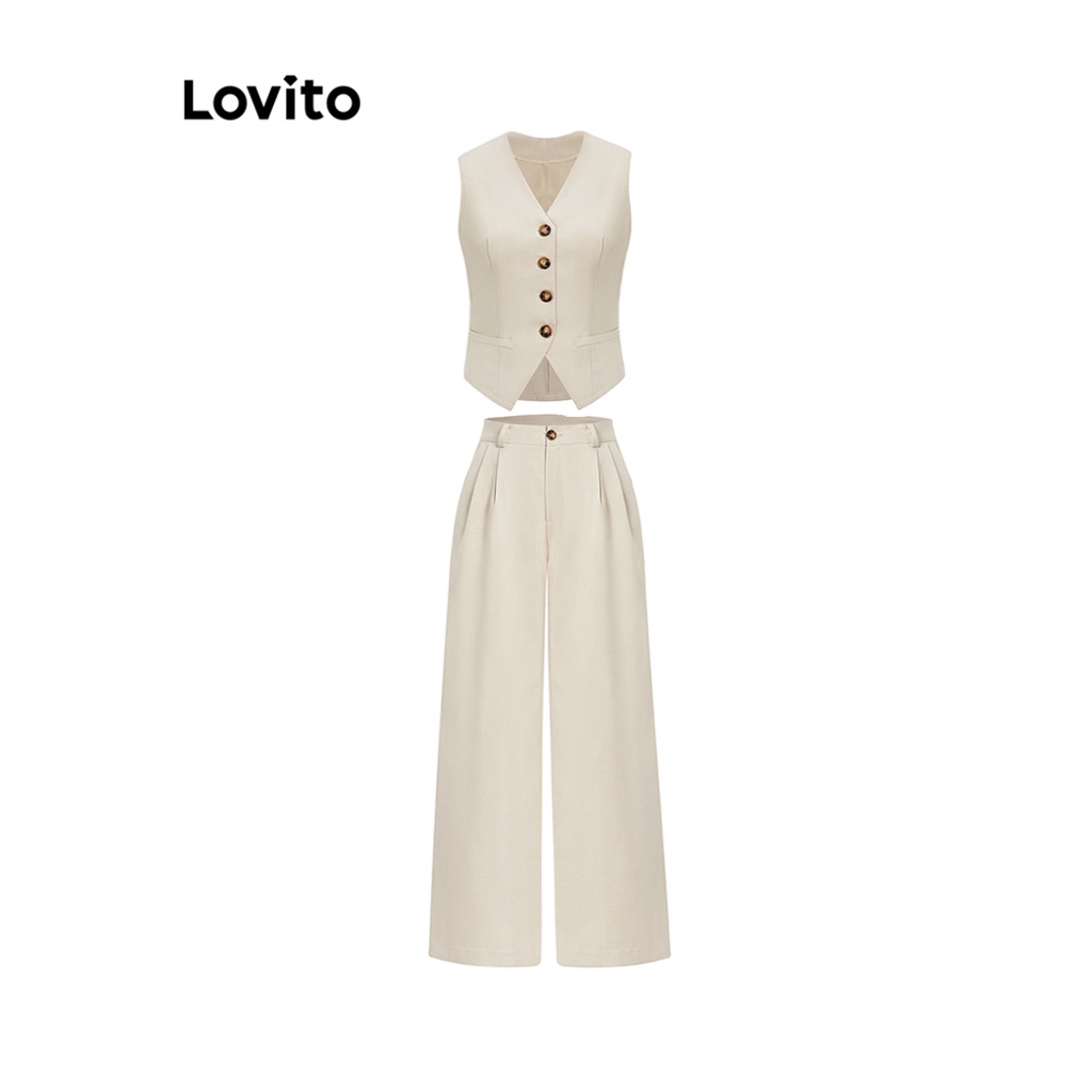 Bộ quần dài Lovito phối nút túi trước màu trơn thường ngày cho nữ L62ED118