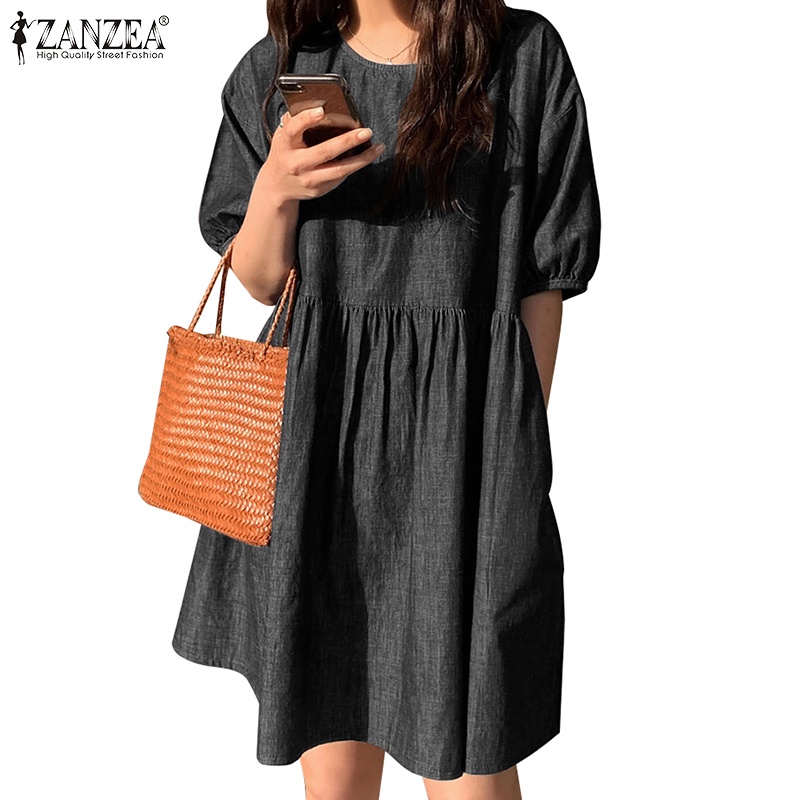 Đầm denim ZANZEA trễ vai tay lửng phong cách Hàn Quốc thanh lịch dành cho nữ