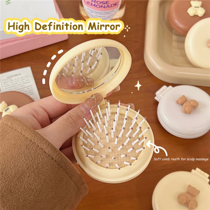 Lược Chải Tóc mini Tích Hợp Gương Tròn Chống Tĩnh Điện Thiết Kế Hình Gấu Hoạt Hình Dễ Thương