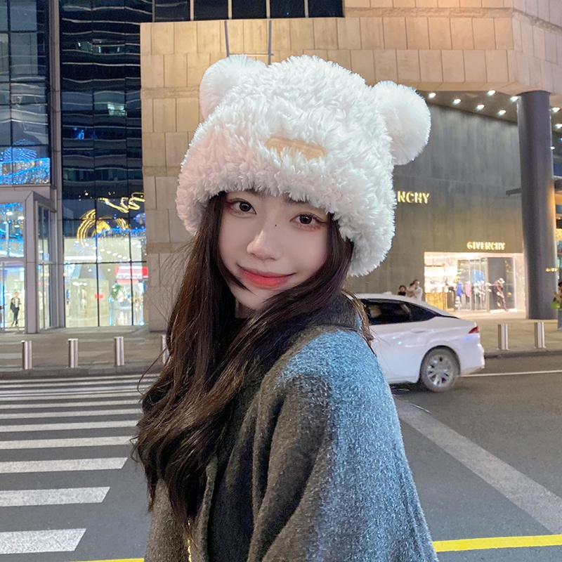 Dễ Thương Mũ Len Dệt Kim Phối Lông Hình Gấu Đáng Yêu Phong Cách Nhật Bản Cho Nữ