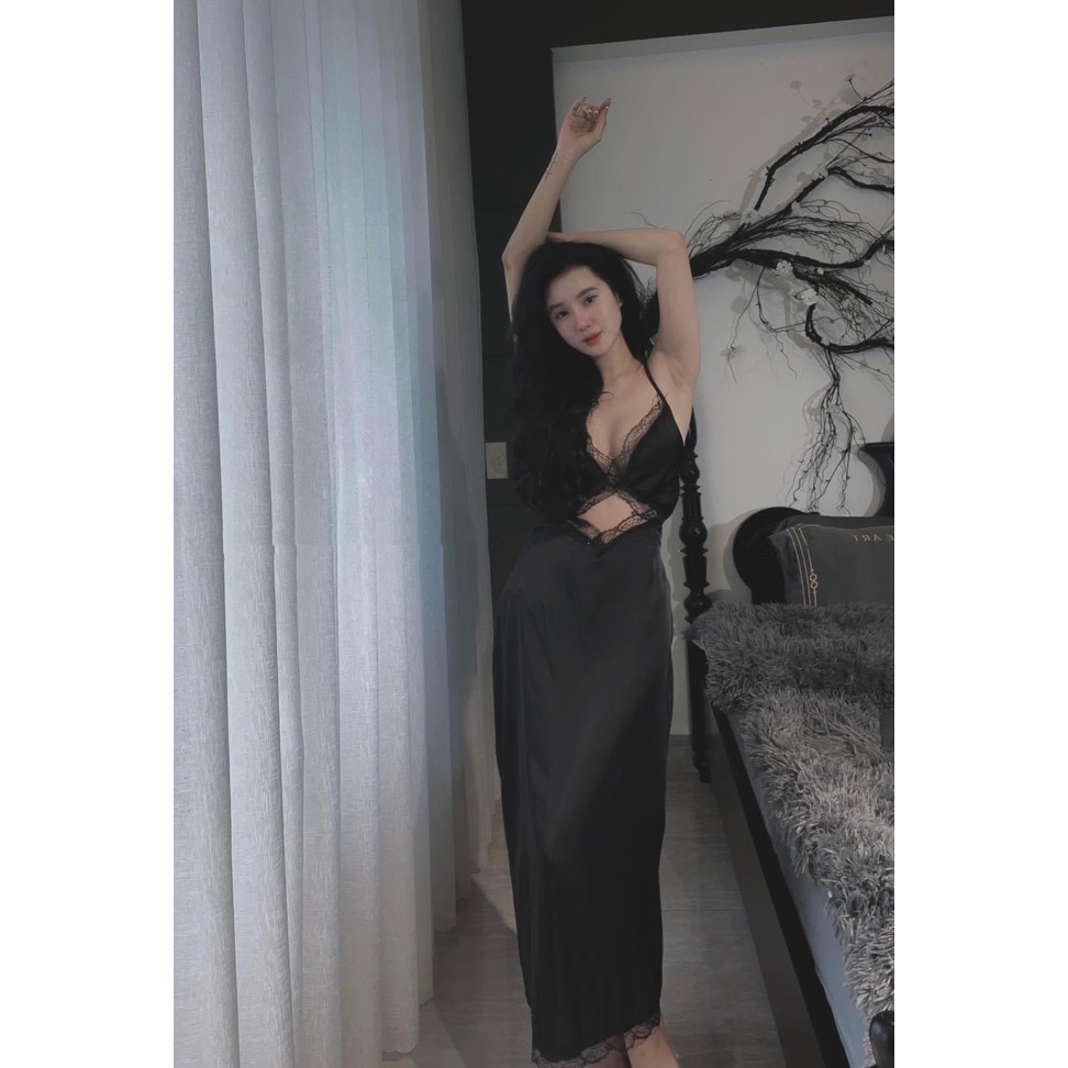 Đầm Ngủ Dáng Dài 2 Dây Phối Ren Cut Bụng Sexy Lụa Latin Cao Cấp Freesize 4O- 58kg - Namishop