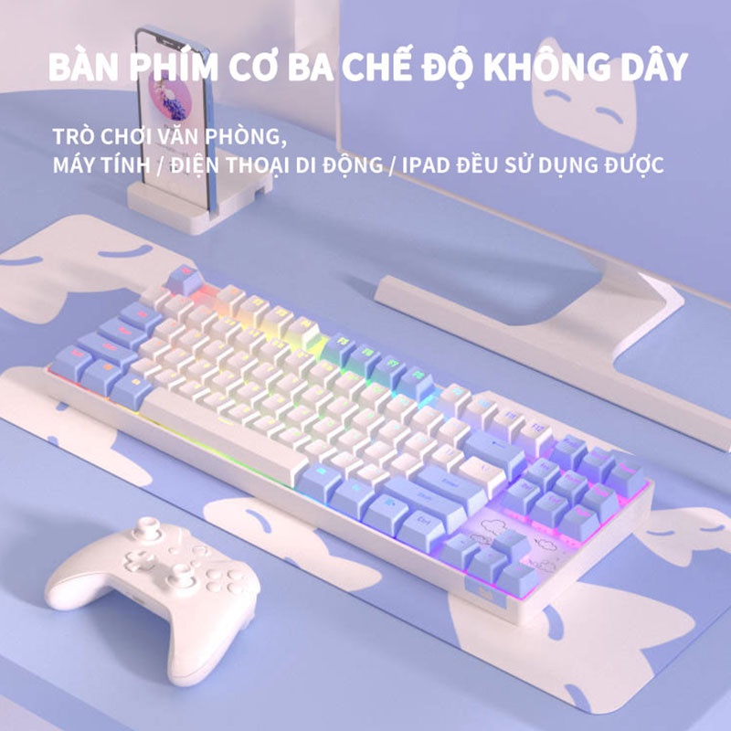 Bàn Phím Cơ Gaming Không Dây 2.4G/Bluetooth BASIC KB13 87 Phím Màu Tím/xanh/hồng,có đèn RGB，3 Chế độ Kết Nối