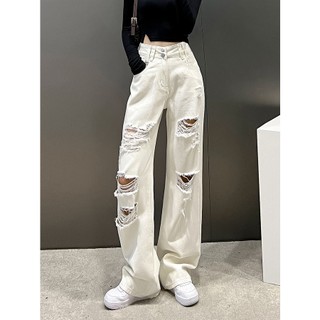 Off-white Quần jeans Nữ Lưng Cao Ống Rộng Rách Gối Cá Tính