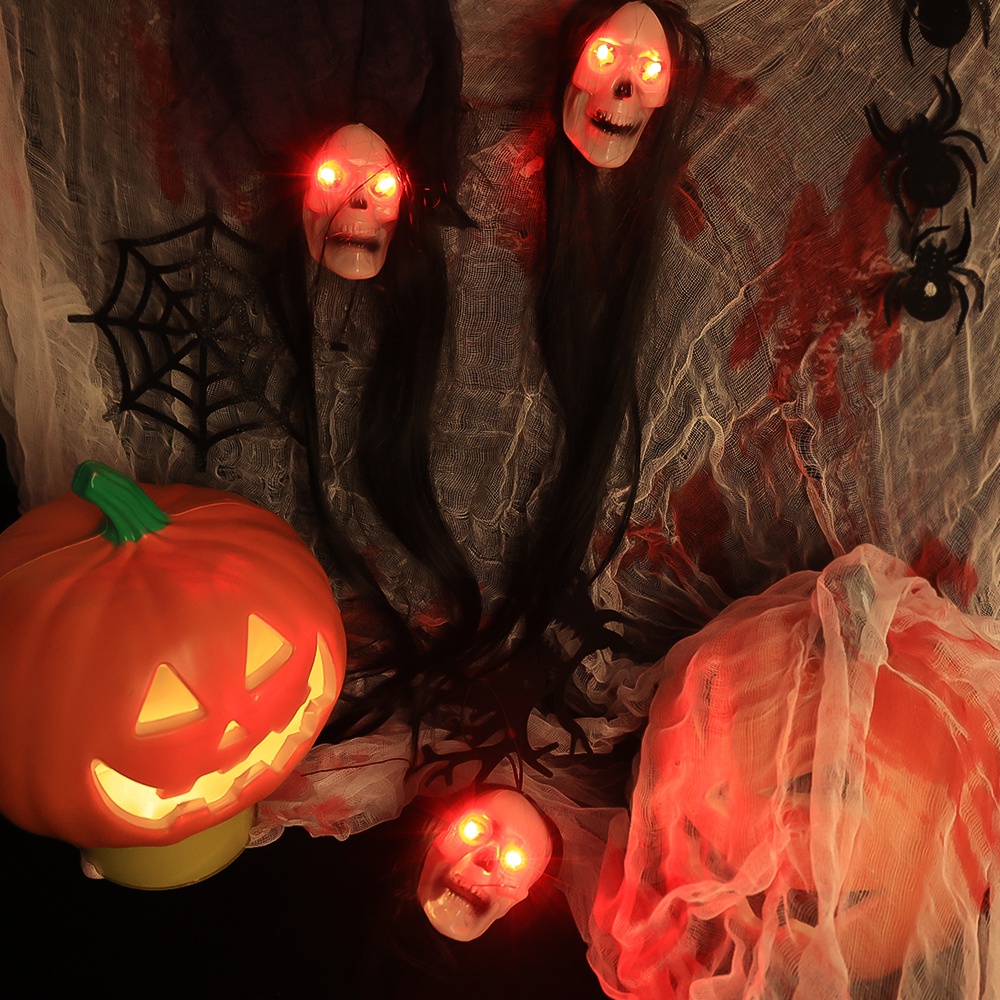 Bộ Tóc Giả Đầu Lâu / Đèn led Dài Hóa Trang halloween Với Đèn Chùm Đầu Lâu Ma / Đèn Mắt Đỏ Rực Rỡ Trang Trí Nhà Kinh Dị