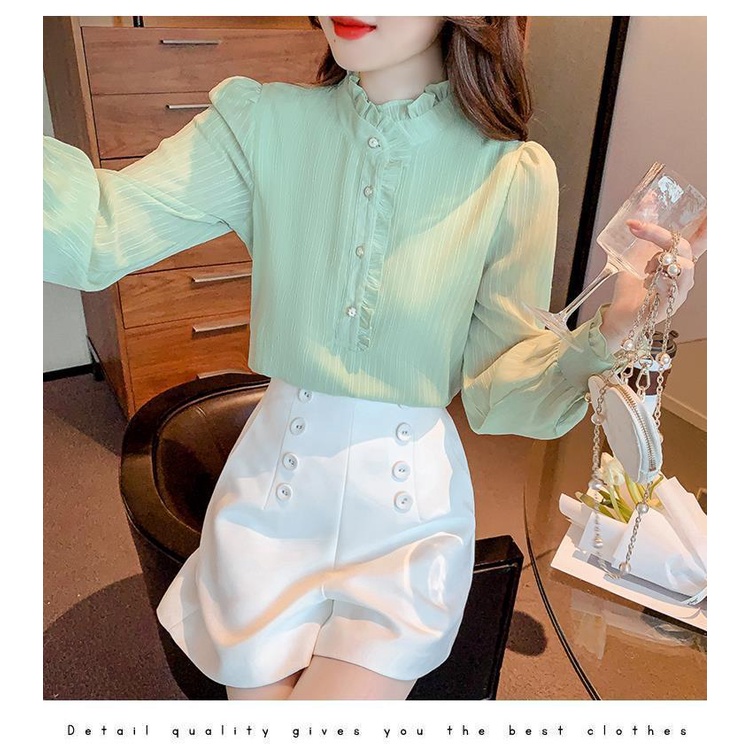 Đứng Áo Sơ Mi chiffon Dài Tay Màu Trơn Phối Ren Thời Trang Xuân Thu Cho Nữ