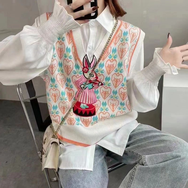 Hoạt Hình Áo Dệt Kim Sát Nách Cổ Chữ v In Hình Thỏ Dễ Thương Cho Nữ