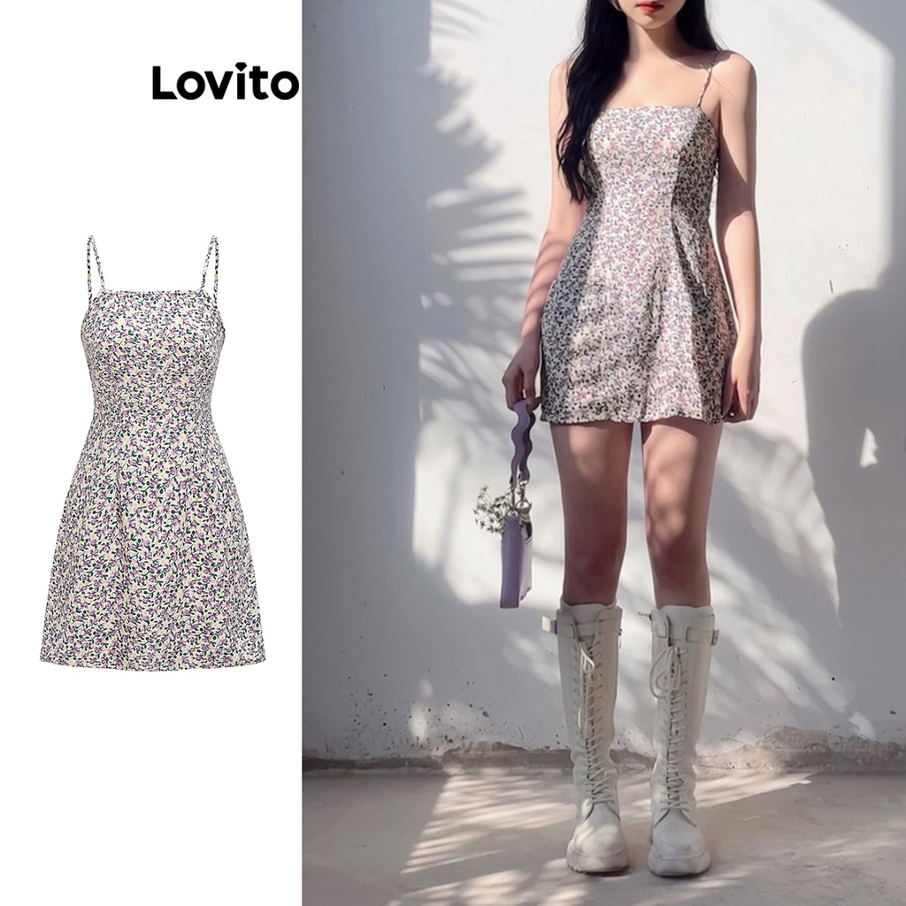 Đầm Lovito phối khóa kéo hoa nhí thường ngày cho nữ L61AD080 (Màu tím)