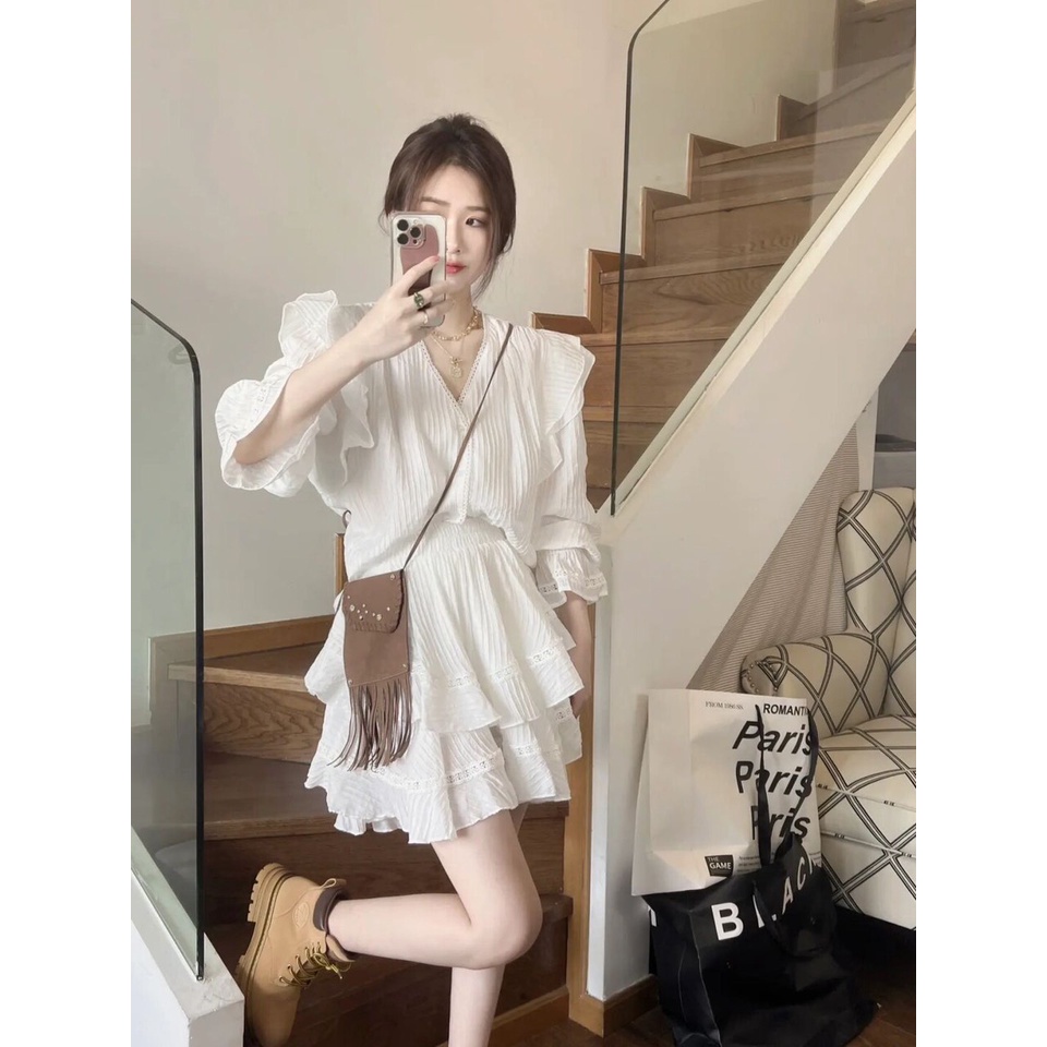 Set gân đũi bèo viền ren kèm chân váy xoè tầng có lót - Calina.vn - Set6837