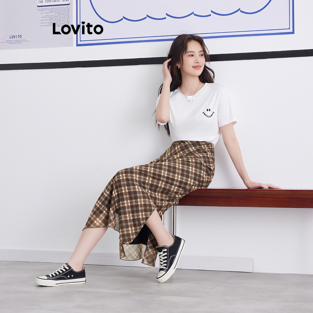 Chân váy xòe Lovito 2 lớp họa tiết kẻ sọc phong cách preppy cho nữ L58AD073