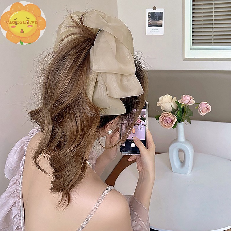Vastji Kẹp Tóc Đuôi Ngựa Chất Liệu chiffon Đính Nơ Phong Cách vintage Cho Nữ vn