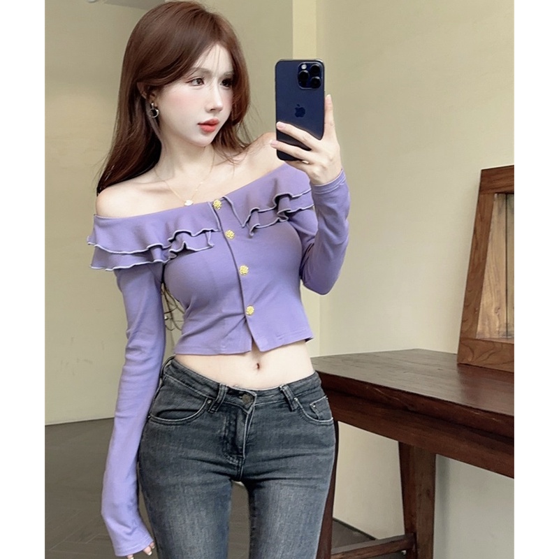 Áo Thun Tay Dài Cổ Chữ v Nhún Bèo Thời Trang Mùa Thu Quyến Rũ Cho Nữ