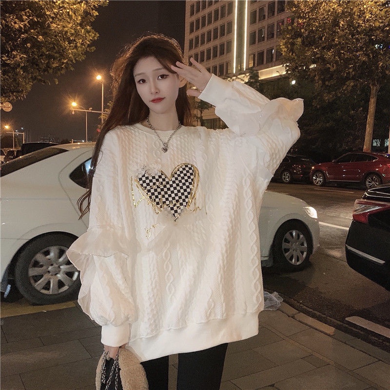 Uiowoo Áo Khoác sweater Tay Dài Dáng Rộng In Hình Trái Tim Phong Cách retro Thu Đông 2021 Cho Nữ