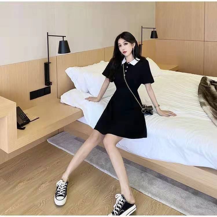 Váy Polo Nữ, Váy Cộc Tay, Váy Cổ Trắng, Váy Dáng Xòe, Váy Cúc Trái Tim