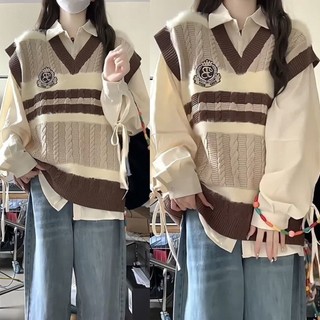 Bộ Áo Dệt Kim Không Tay Thêu Họa Tiết + Áo Sơ Mi Xinh Xắn Dành Cho Nữ