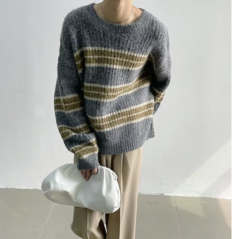 Áo sweater Dệt Kim Kẻ Sọc Màu Sắc Tương Phản Phong Cách Hàn Quốc Thời Trang Thu Đông Cao Cấp Cho Nam
